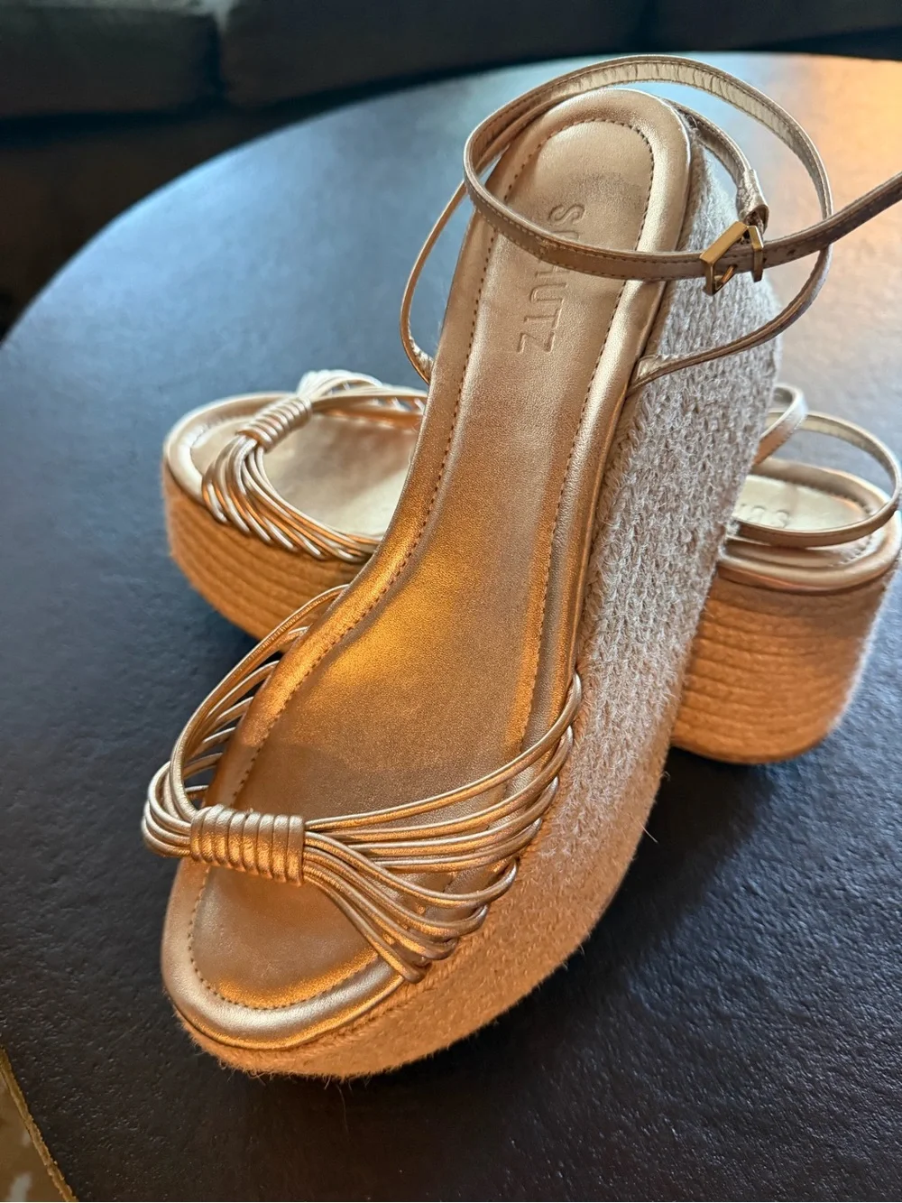 SCHUTZ Gold Braided Espadrille Platform Wedges